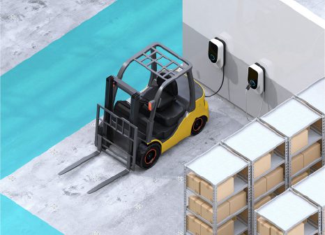 a 3d rendered image of a forklift in a warehouse